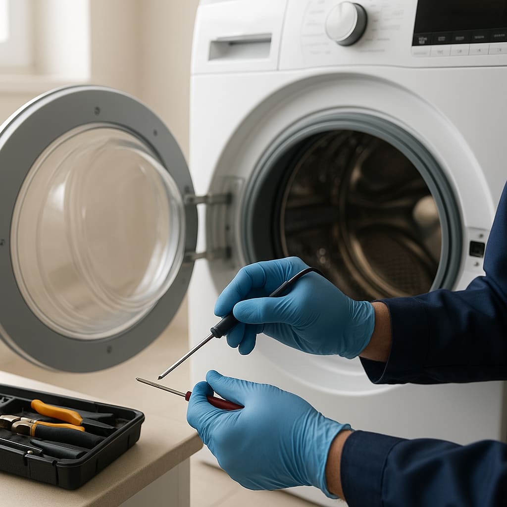 Techniker überprüft Waschmaschine